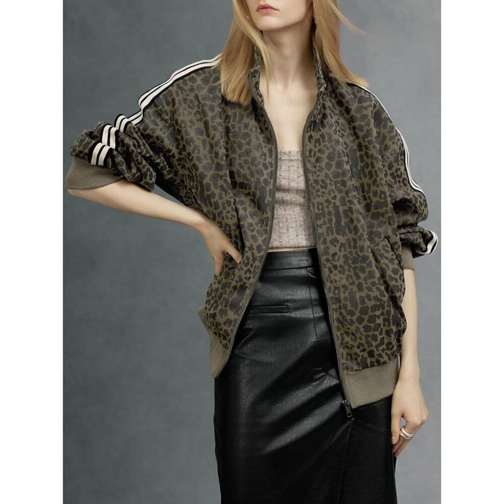 Women's Leopard Print Striped Jacket Zip Up Lightweight Coat Long Sleeve L Brown - Picture 3 of 5